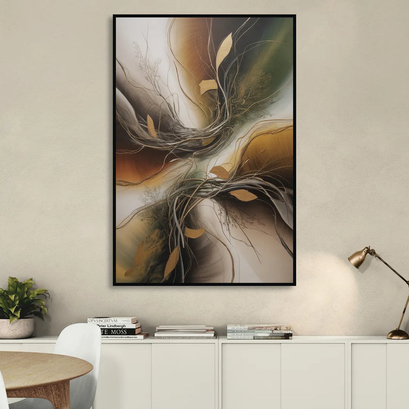 Intertwined Organic Harmony Brown Abstract Living Room - Black Canvas Wall Art