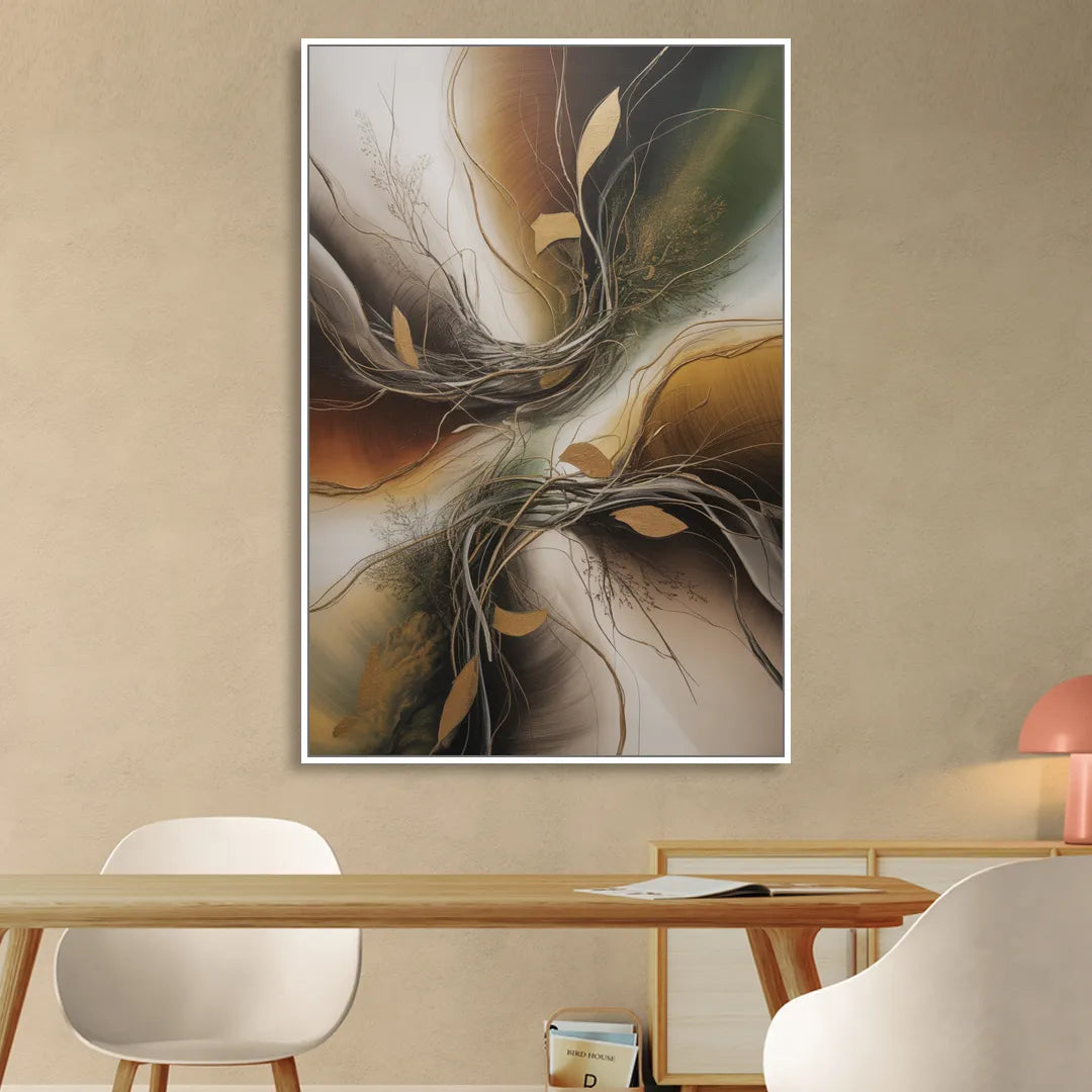 Intertwined Organic Harmony Brown Abstract Sitting Room - White Canvas Wall Art