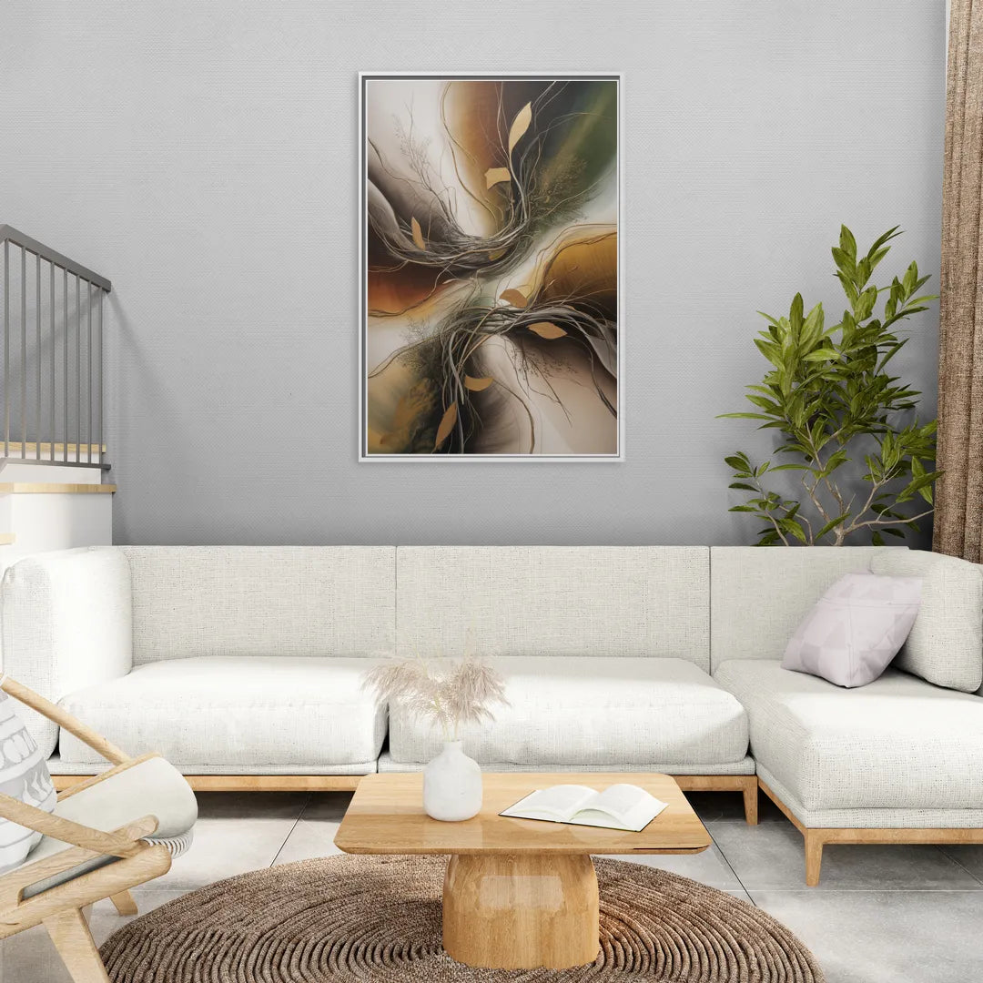 Intertwined Organic Harmony Brown Abstract - Living Room White Frame Canvas