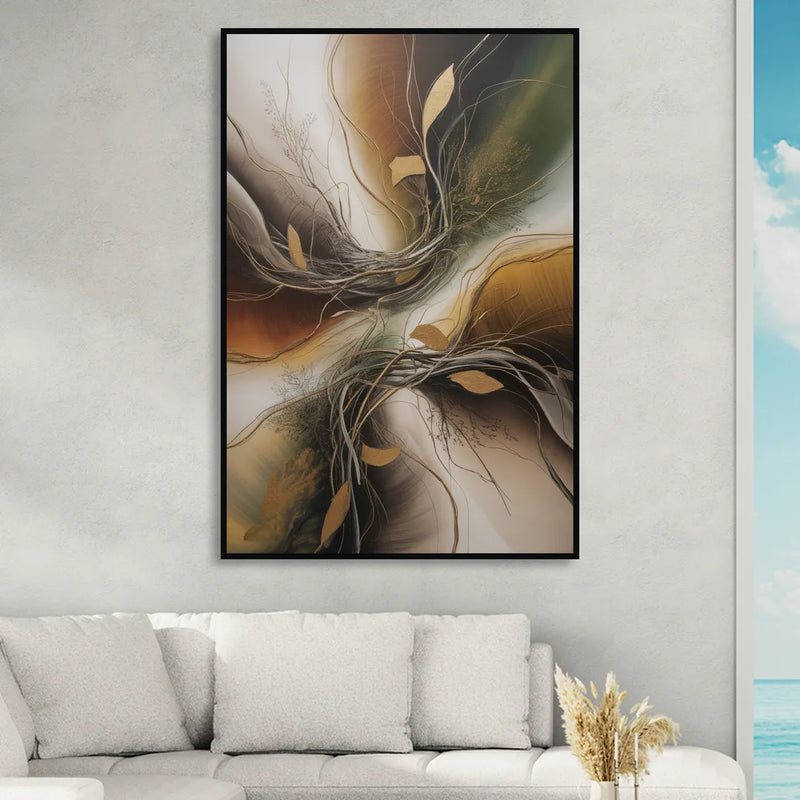 Intertwined Organic Harmony Brown Abstract Sitting Room - Black Canvas Wall Art
