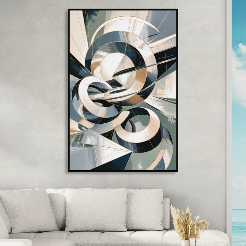 Interwoven Geometric Forms Grey and White Abstract Living Room - Black Canvas Wall Art