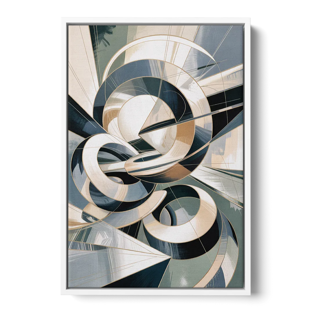 Interwoven Geometric Forms Grey and White Abstract Front - White Canvas Wall Art