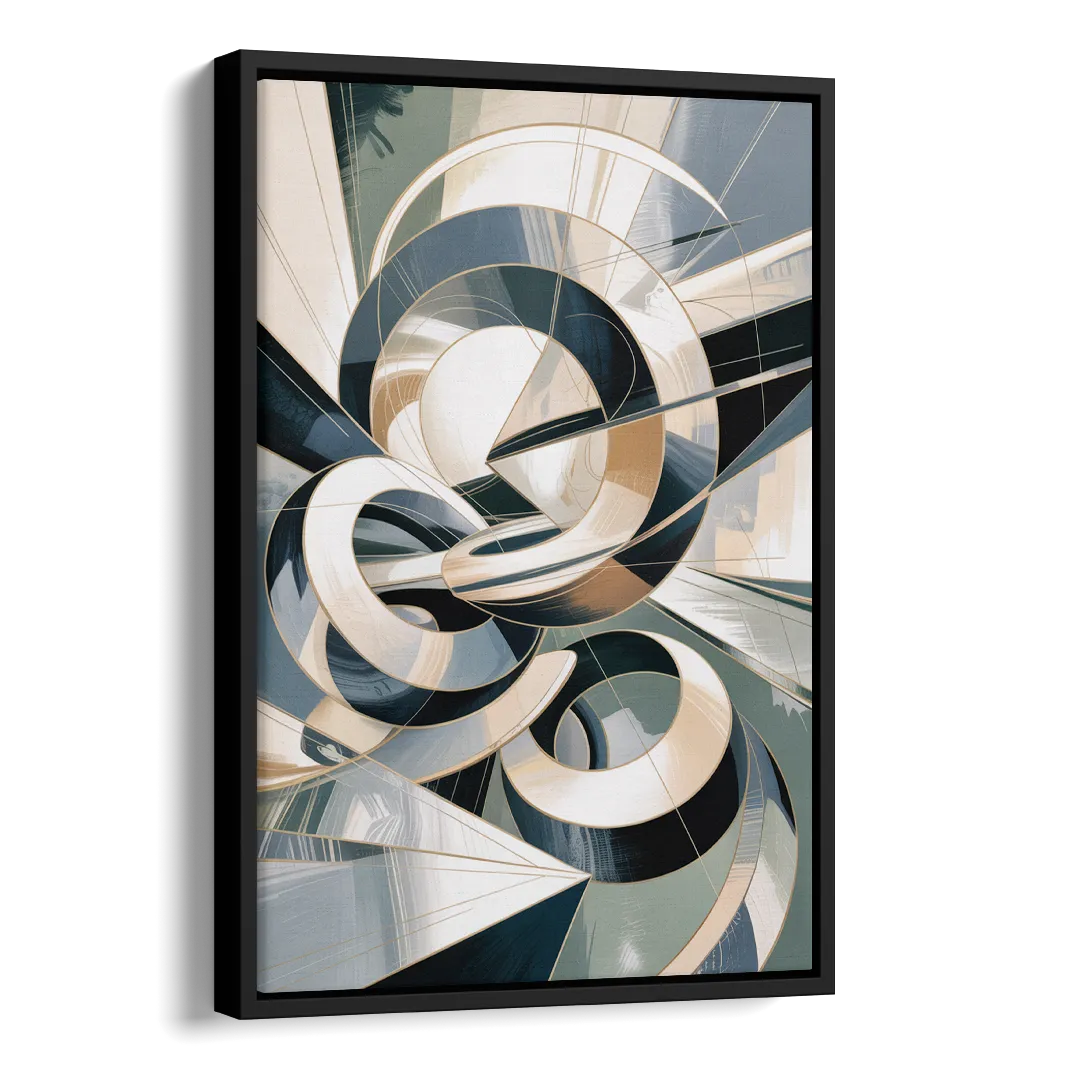 Interwoven Geometric Forms Grey and White Abstract Side - Black Canvas Wall Art