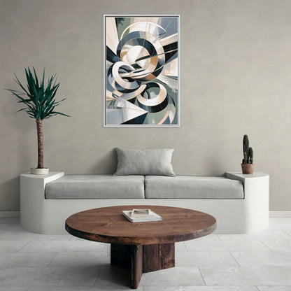 Interwoven Geometric Forms Grey and White Abstract - Living Room White Frame Canvas