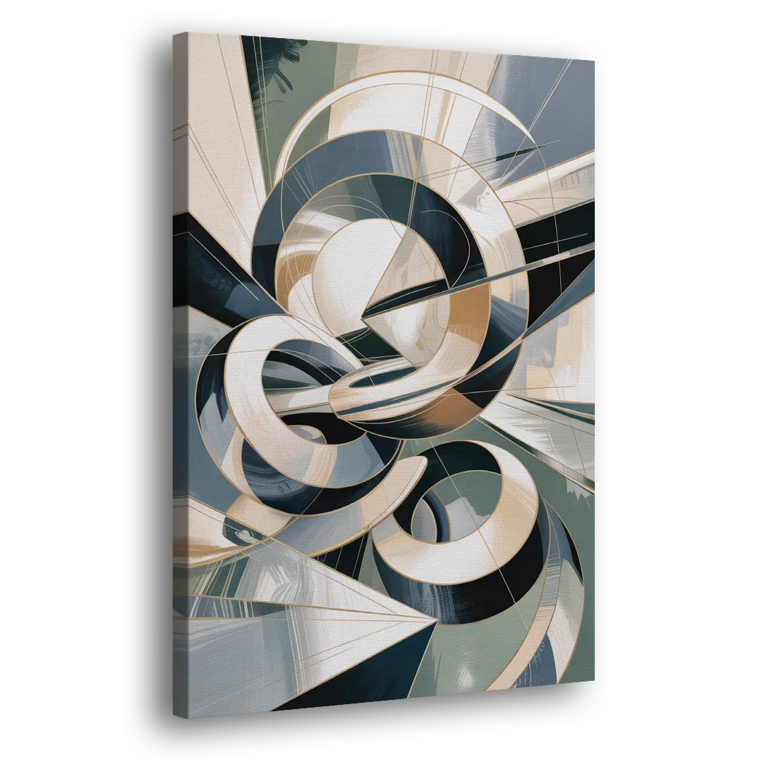 Interwoven Geometric Forms Grey and White Abstract Side - Canvas Wall Art