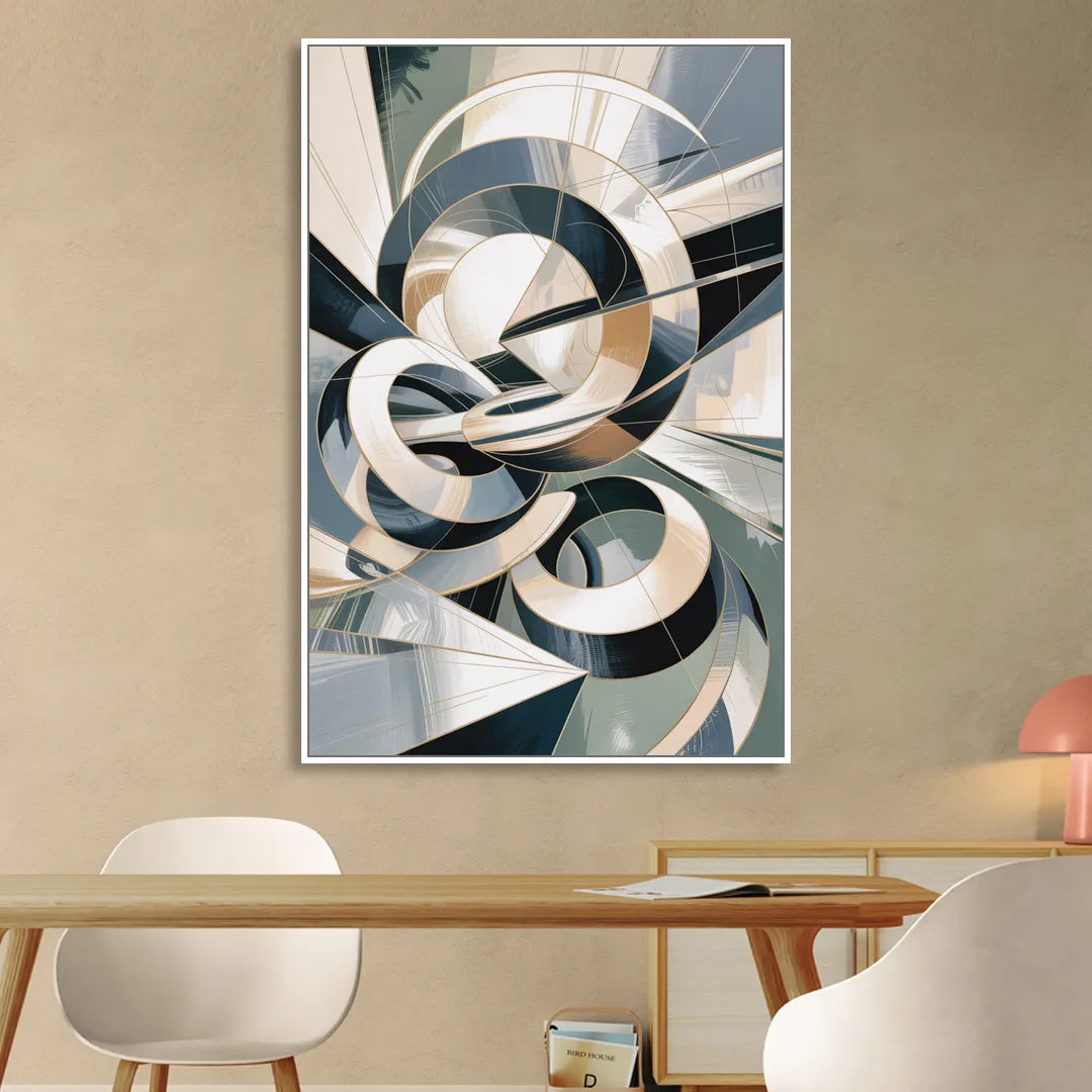 Interwoven Geometric Forms Grey and White Abstract Living Room - White Canvas Wall Art