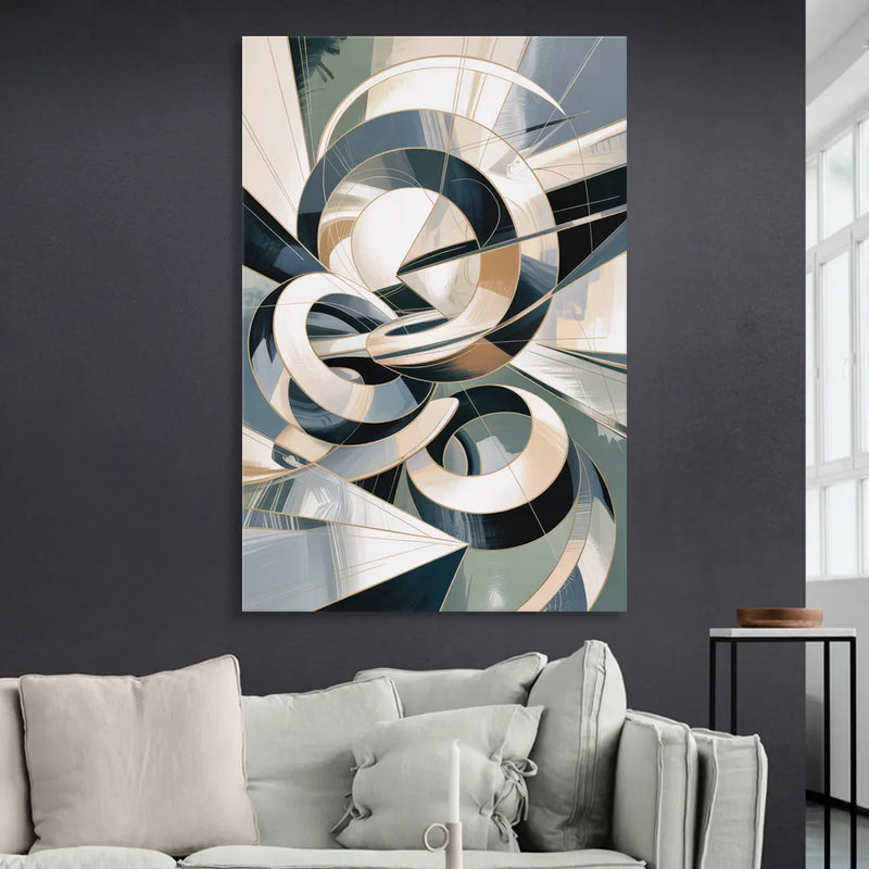 Interwoven Geometric Forms Grey and White Abstract Sitting Room - Canvas Wall Art