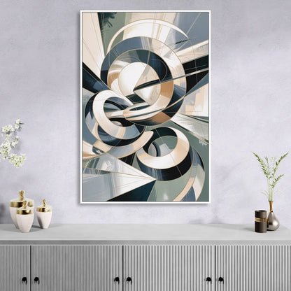 Interwoven Geometric Forms Grey and White Abstract Sitting Room - White Canvas Wall Art