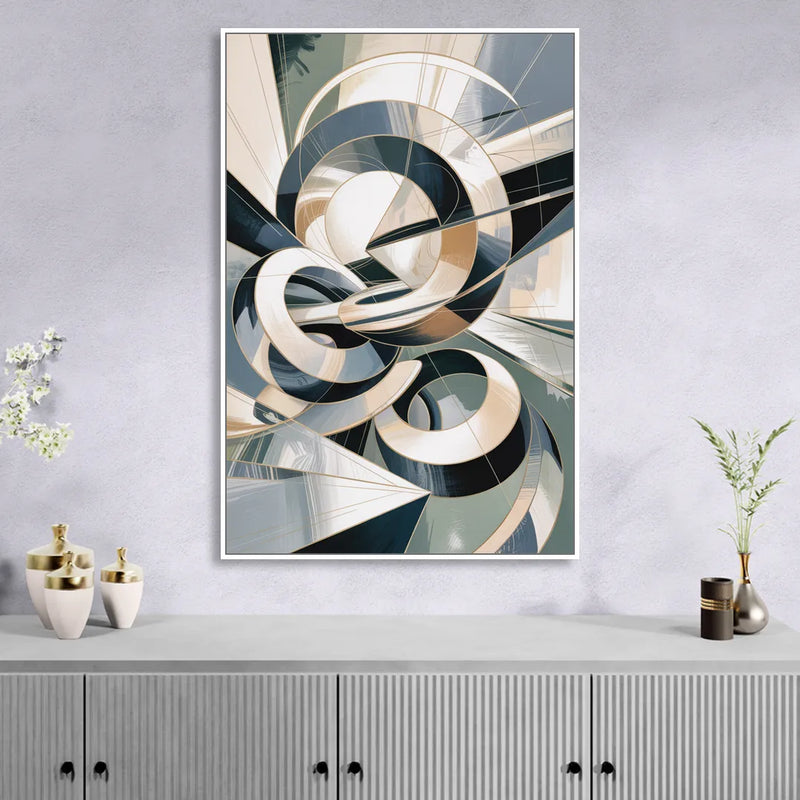 Interwoven Geometric Forms Grey and White Abstract Sitting Room - White Canvas Wall Art