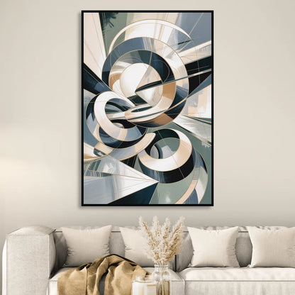 Interwoven Geometric Forms Grey and White Abstract Sitting Room - Black Canvas Wall Art