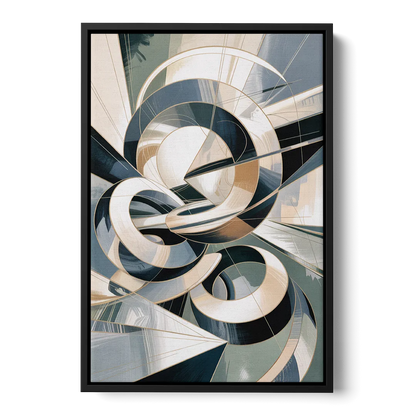 Interwoven Geometric Forms Grey and White Abstract Front - Black Canvas Wall Art