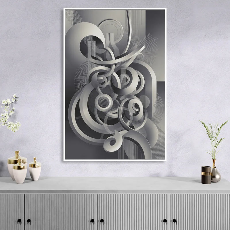 Interwoven Serenity Grey and White Abstract Living Room - White Canvas Wall Art