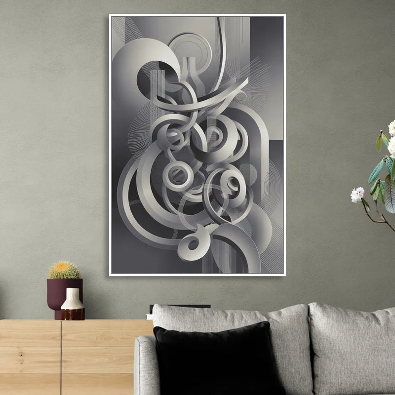 Interwoven Serenity Grey and White Abstract Sitting Room - White Canvas Wall Art
