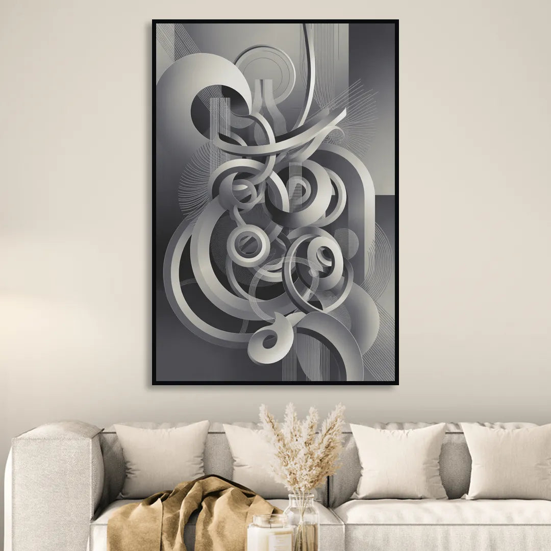 Interwoven Serenity Grey and White Abstract Living Room - Black Canvas Wall Art