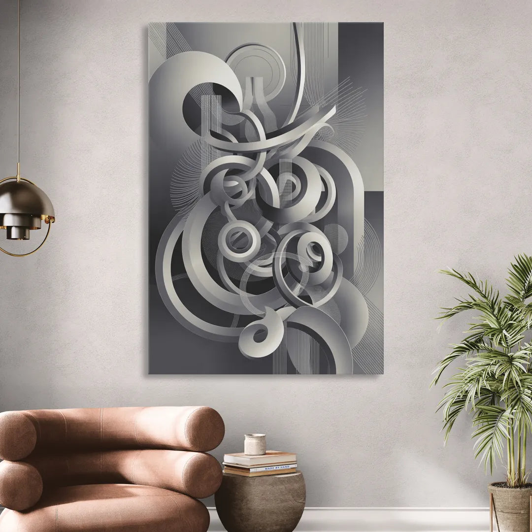 Interwoven Serenity Grey and White Abstract Sitting Room - Canvas Wall Art