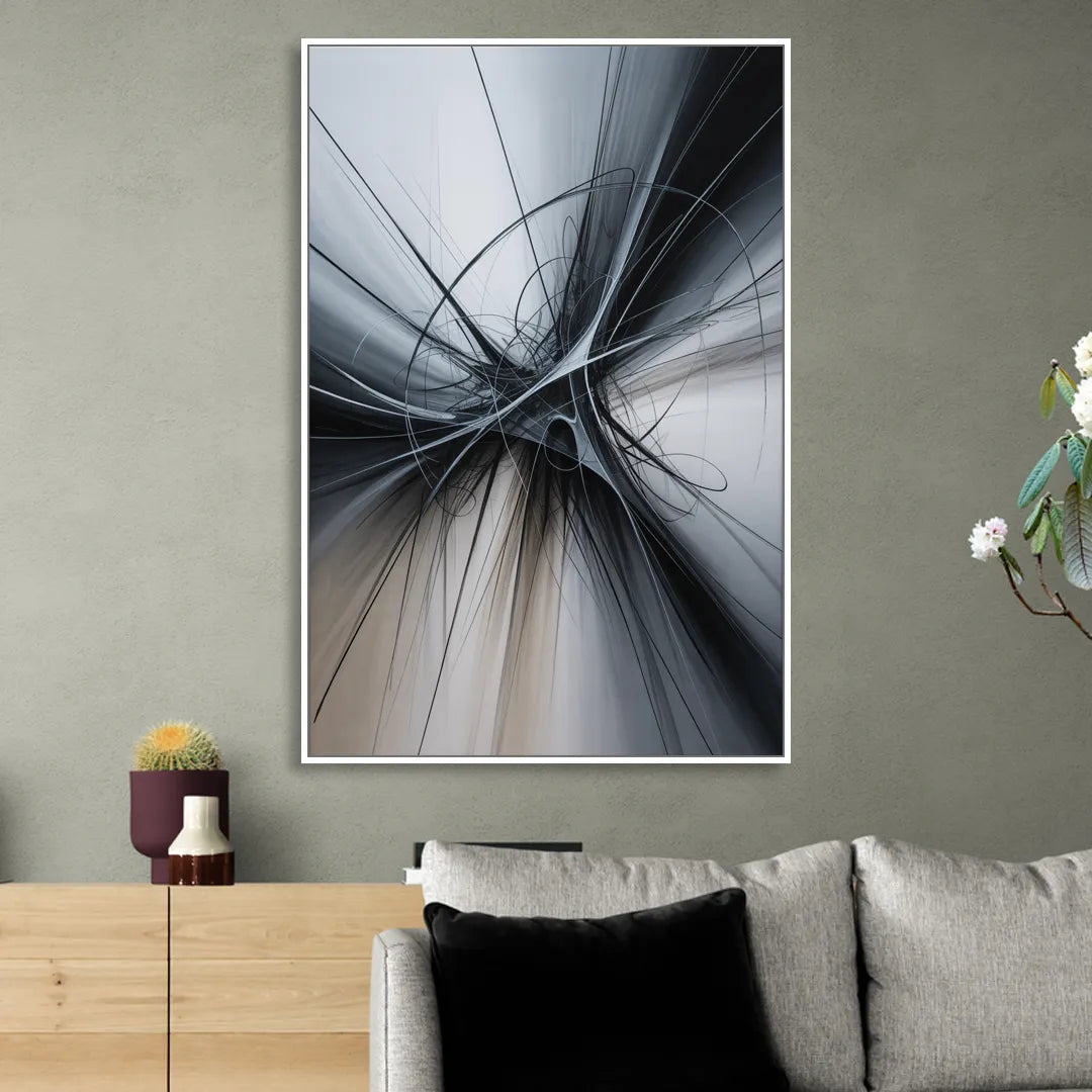 Interwoven Shadows Black and Grey Abstract Living Room - White Canvas Wall Art