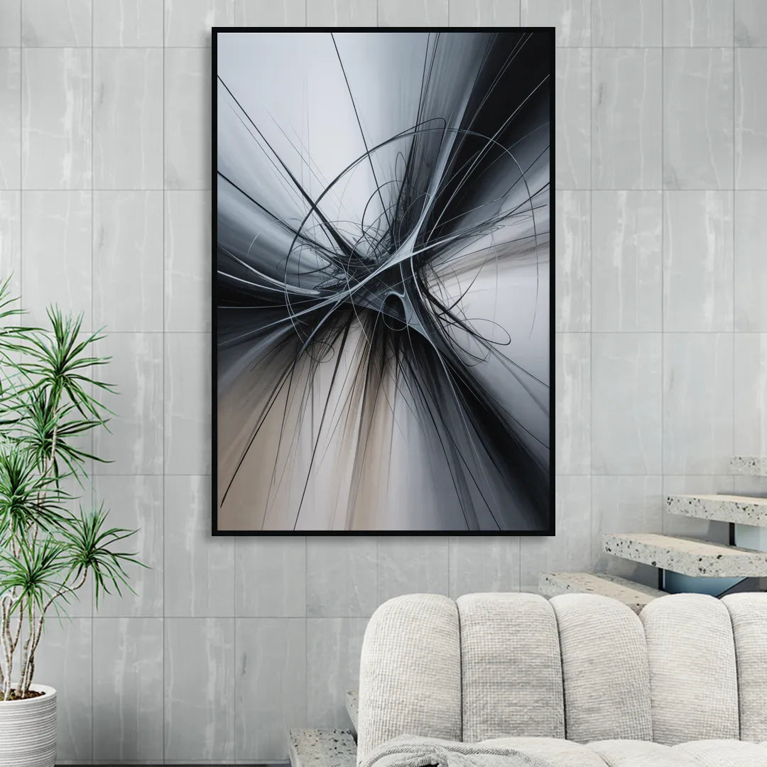 Interwoven Shadows Black and Grey Abstract Sitting Room - Black Canvas Wall Art