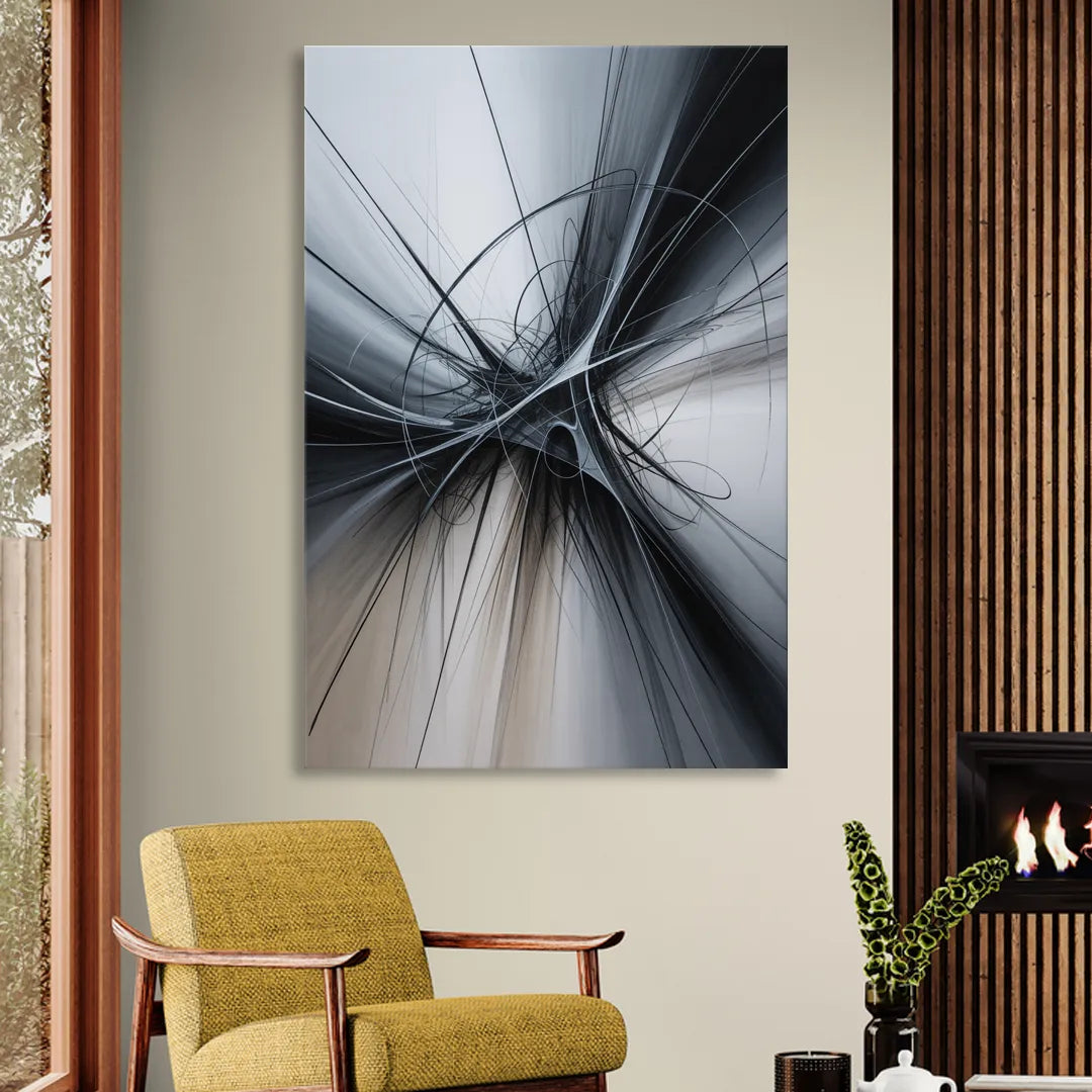 Interwoven Shadows Black and Grey Abstract Sitting Room - Canvas Wall Art