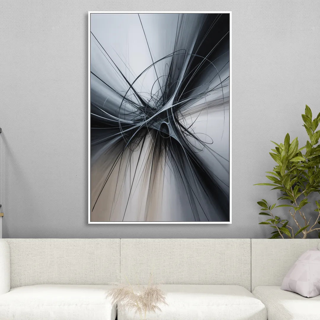 Interwoven Shadows Black and Grey Abstract Sitting Room - White Canvas Wall Art