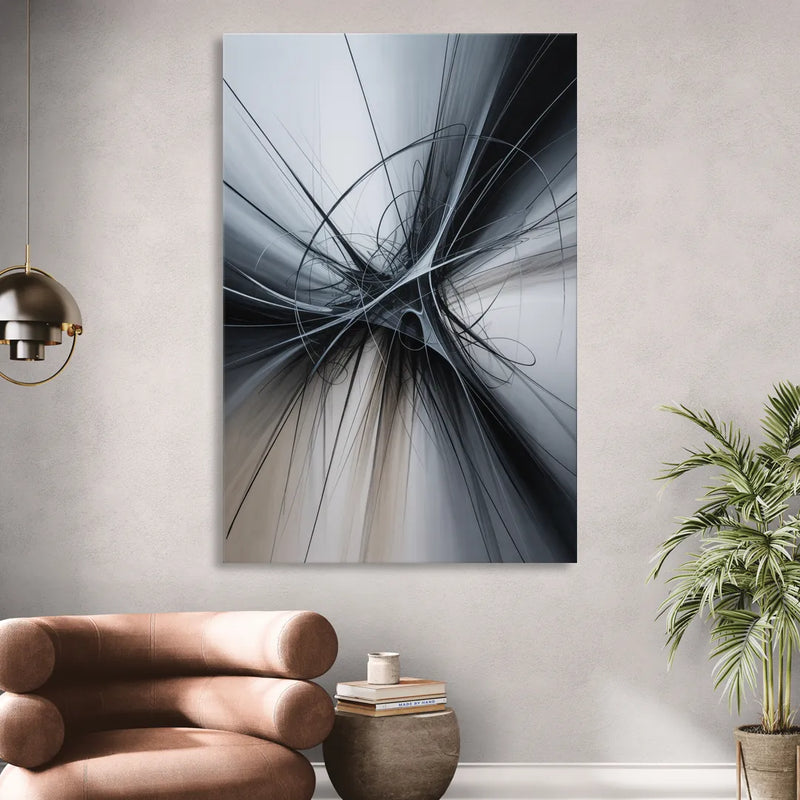 Interwoven Shadows Black and Grey Abstract Living Room - Canvas Wall Art