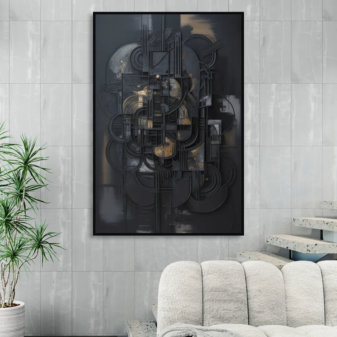 Intricate Harmony Black Abstract Living Room - Black Canvas Wall Art
