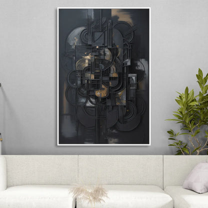 Intricate Harmony Black Abstract Living Room - White Canvas Wall Art