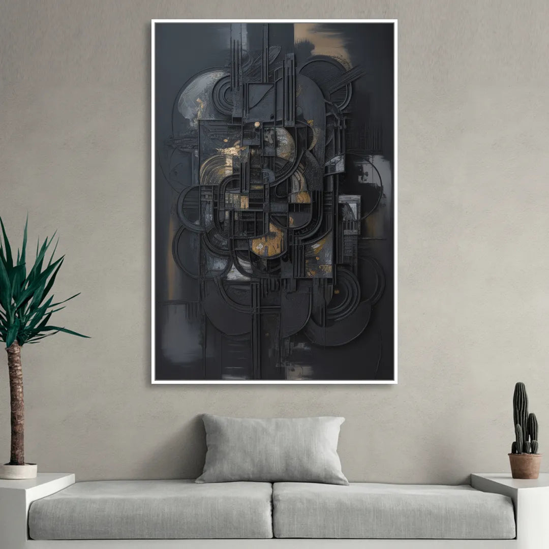 Intricate Harmony Black Abstract Sitting Room - White Canvas Wall Art