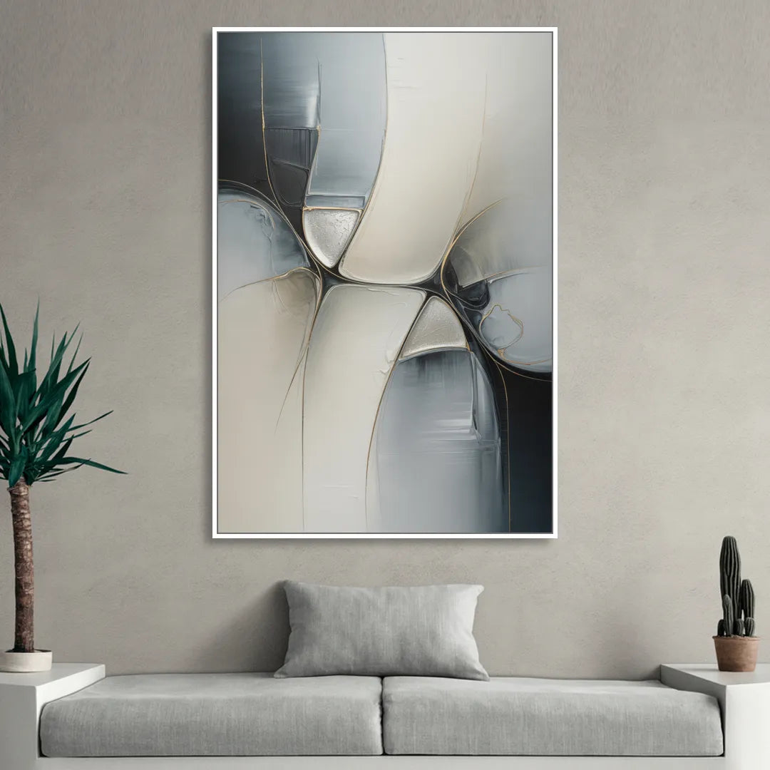 Intricate Harmony Grey and White Abstract Living Room - White Canvas Wall Art