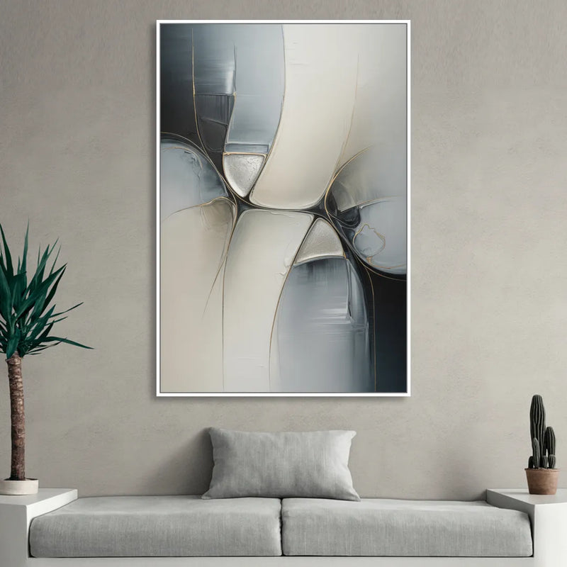 Intricate Harmony Grey and White Abstract Living Room - White Canvas Wall Art
