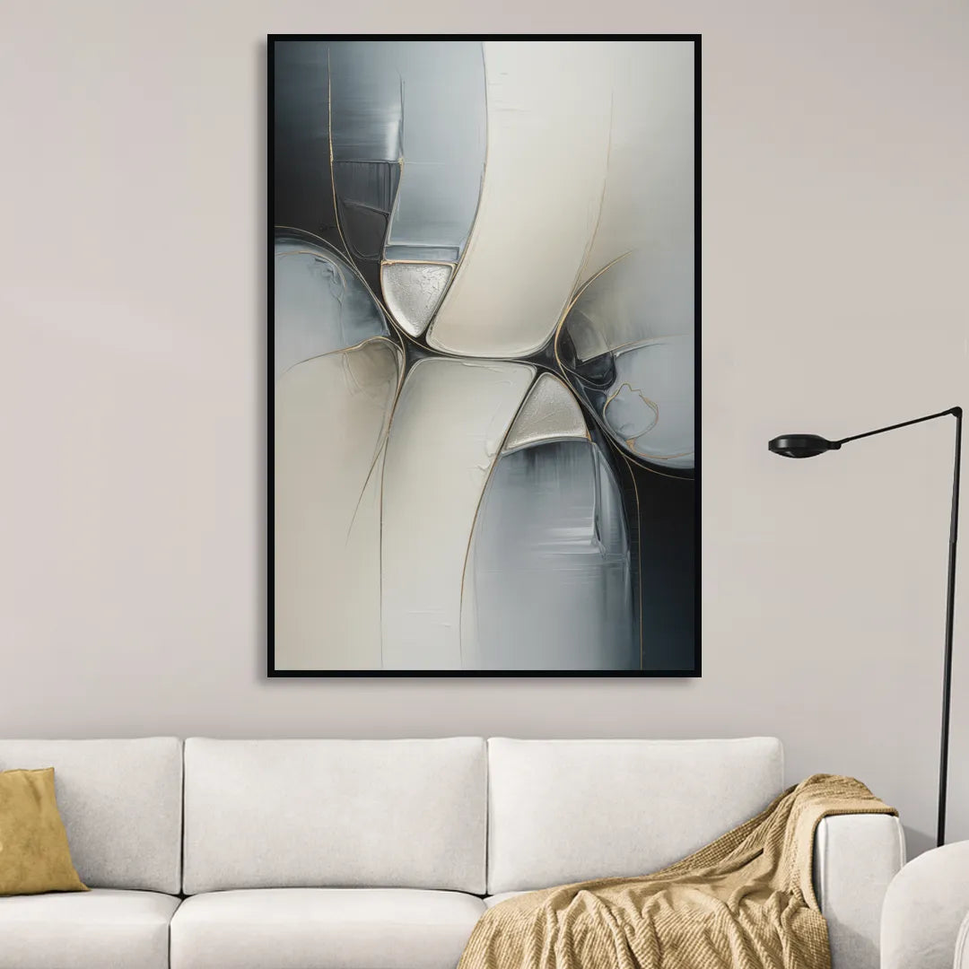 Intricate Harmony Grey and White Abstract Living Room - Black Canvas Wall Art