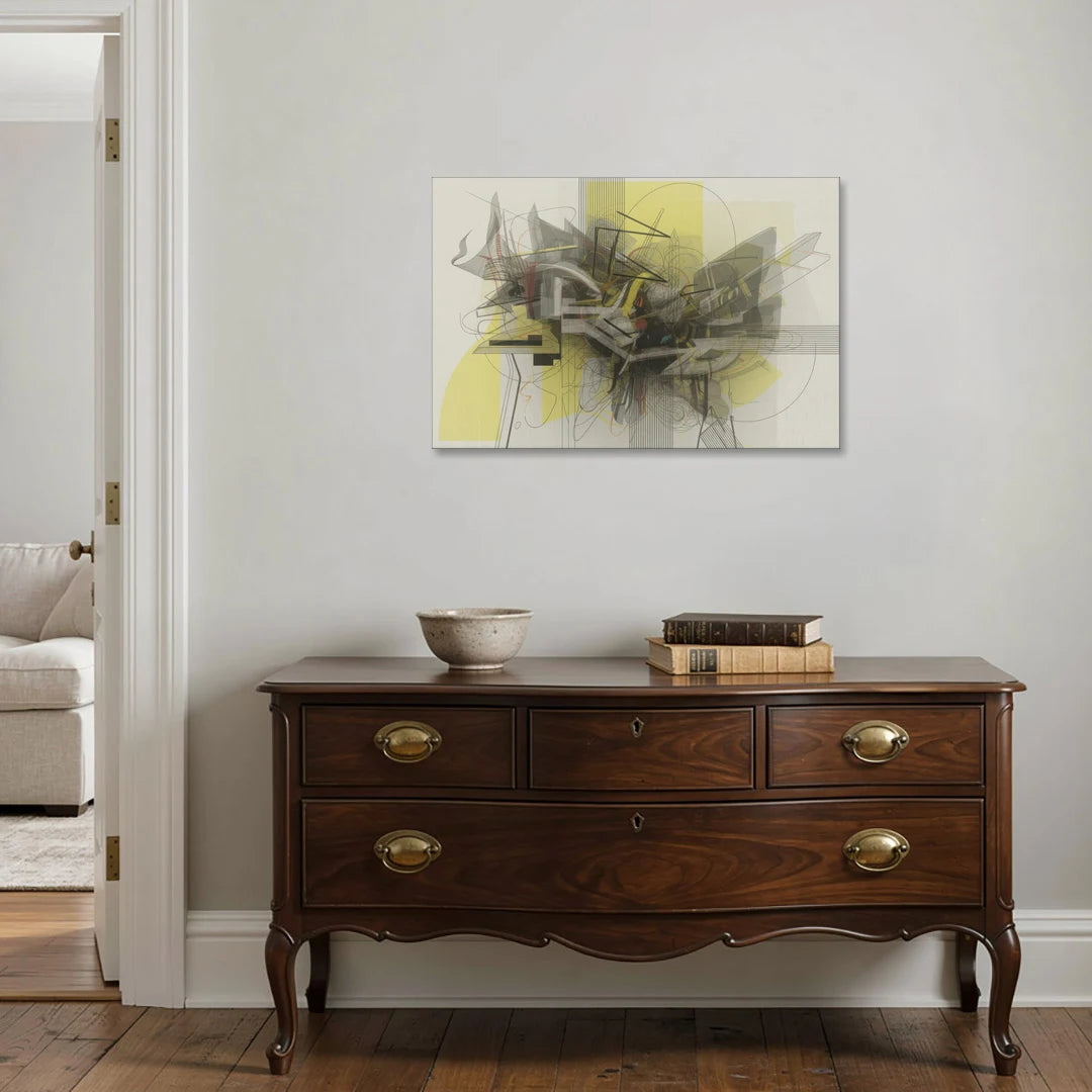 Intricate Layered Dance Yellow and Grey Abstract - Canvas Wall Art - Coffee Table - 36x24
