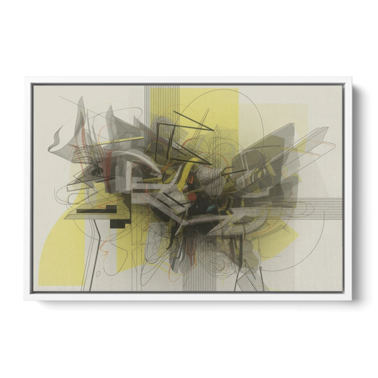 Intricate Layered Dance Yellow and Grey Abstract - White Framed Canvas Wall Art - Front