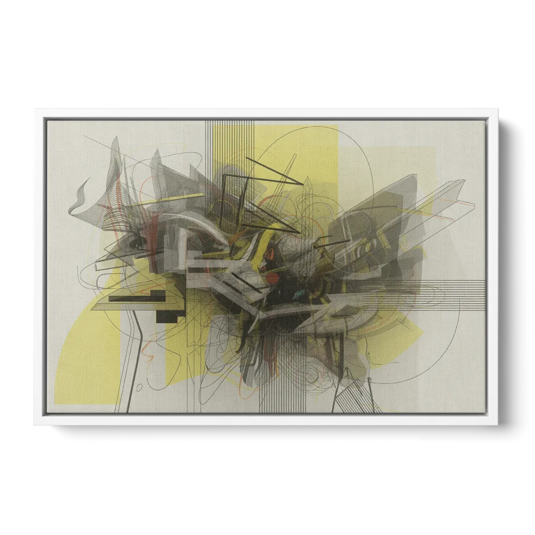 Intricate Layered Dance Yellow and Grey Abstract Front - White Canvas Wall Art