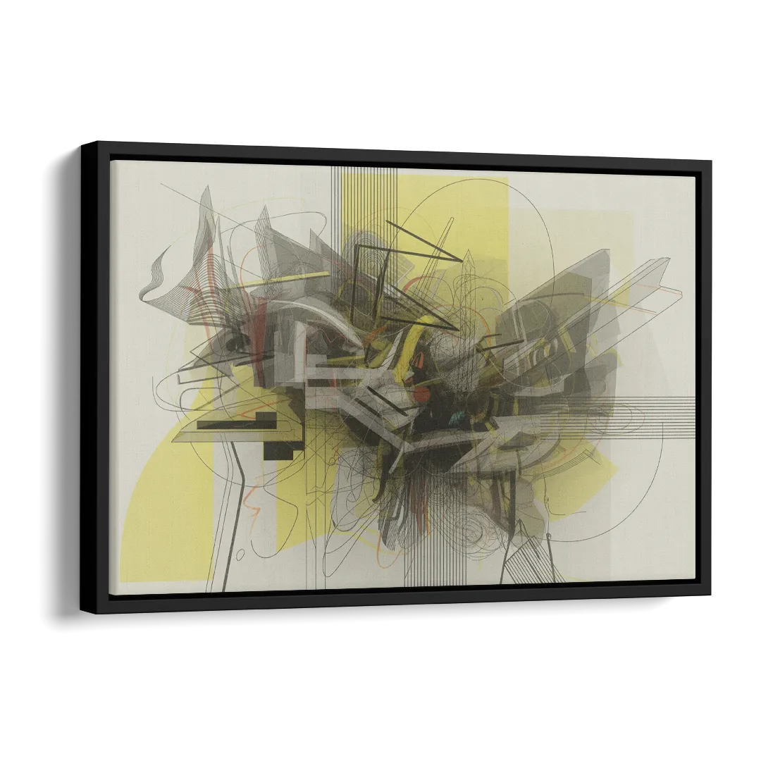 Intricate Layered Dance Yellow and Grey Abstract Side - Black Canvas Wall Art
