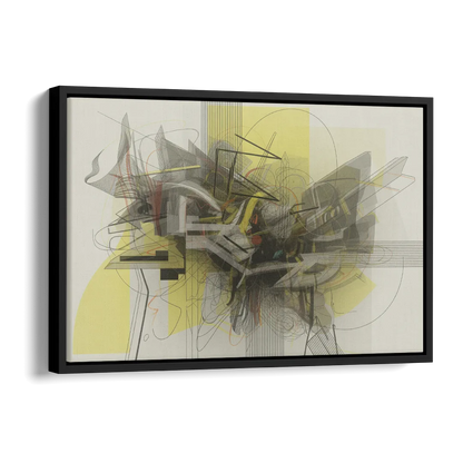 Intricate Layered Dance Yellow and Grey Abstract Side - Black Canvas Wall Art