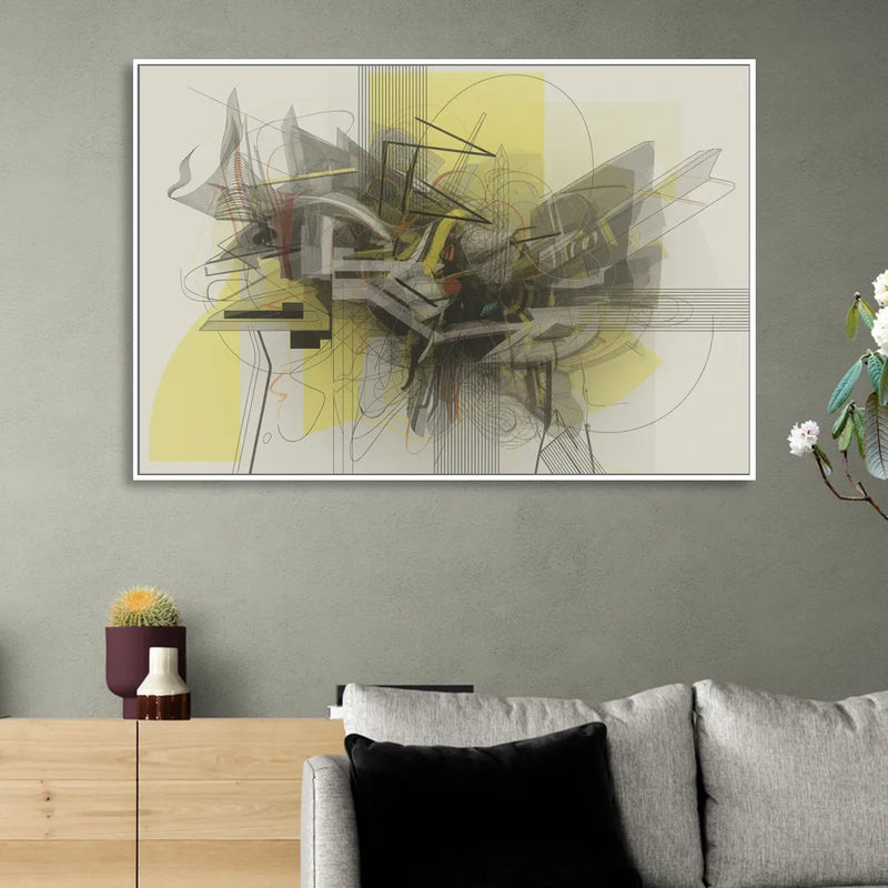Intricate Layered Dance Yellow and Grey Abstract Living Room - White Canvas Wall Art