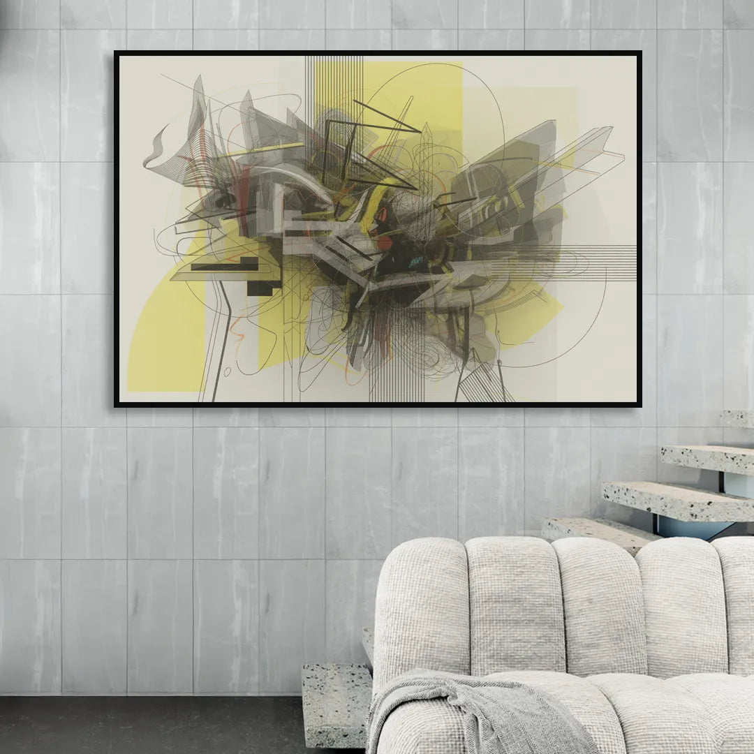 Intricate Layered Dance Yellow and Grey Abstract Sitting Room - Black Canvas Wall Art