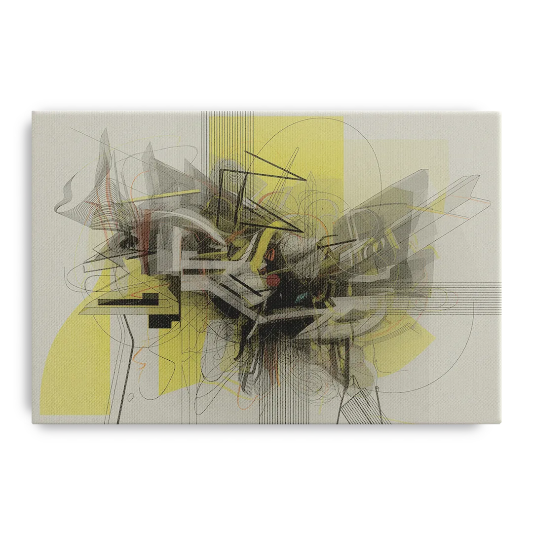 Intricate Layered Dance Yellow and Grey Abstract Front - Canvas Wall Art