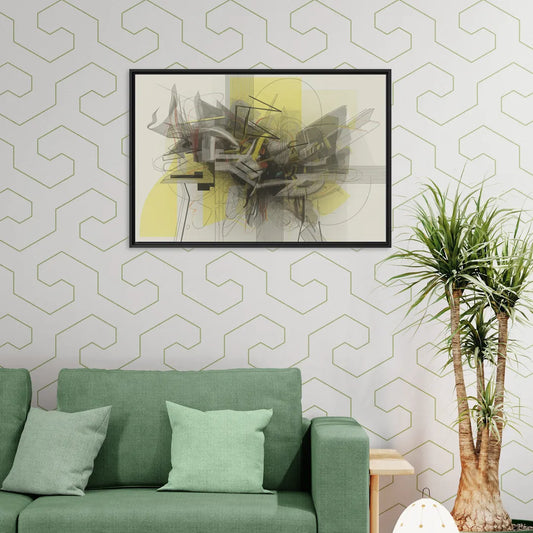 Intricate Layered Dance Yellow and Grey Abstract - Living Room Black Frame Canvas