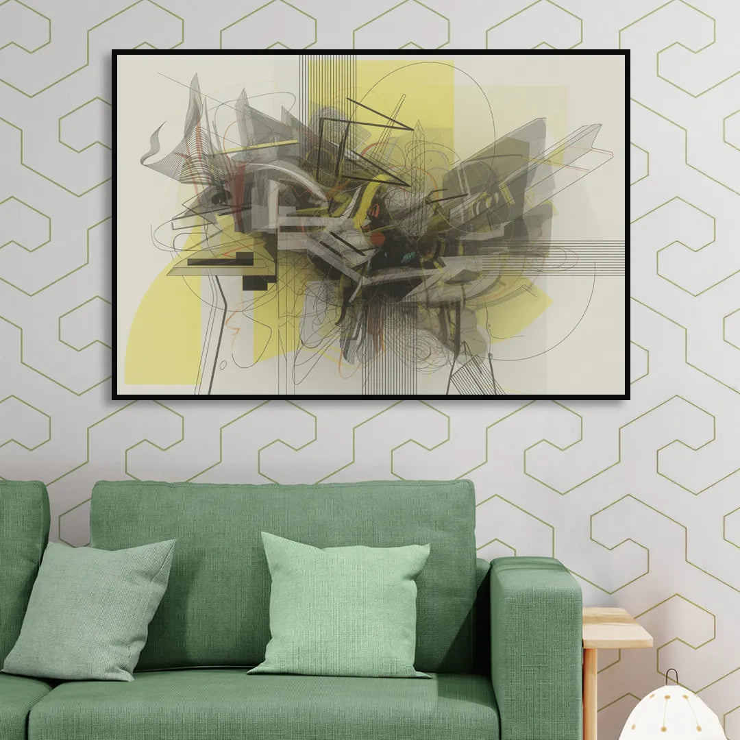 Intricate Layered Dance Yellow and Grey Abstract Living Room - Black Canvas Wall Art