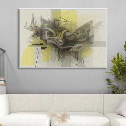 Intricate Layered Dance Yellow and Grey Abstract Sitting Room - White Canvas Wall Art
