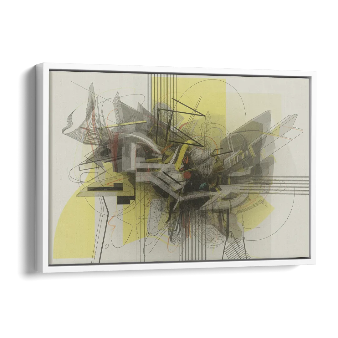 Intricate Layered Dance Yellow and Grey Abstract Side - White Canvas Wall Art