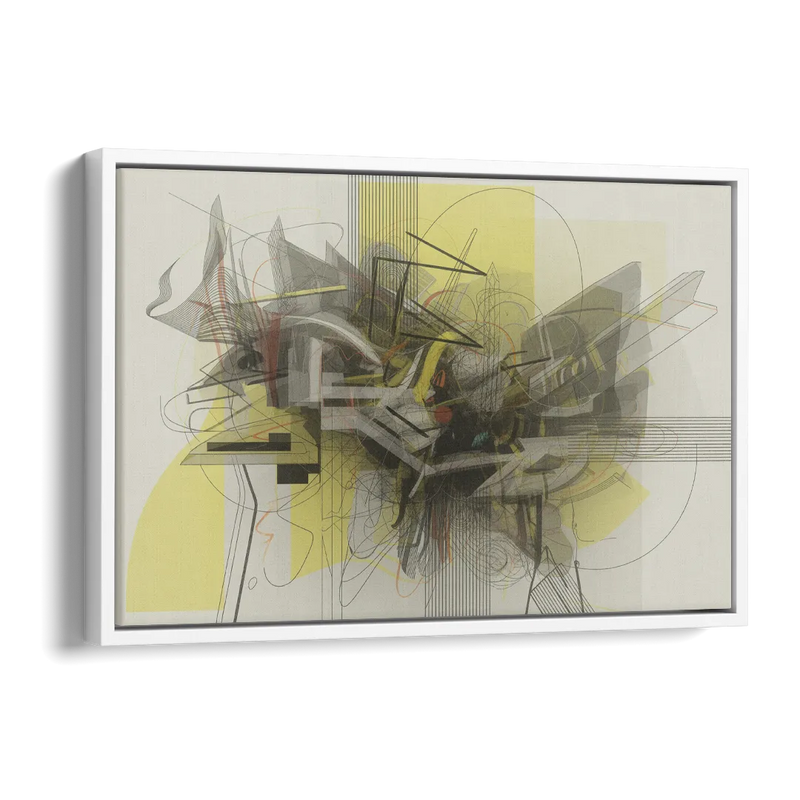 Intricate Layered Dance Yellow and Grey Abstract Side - White Canvas Wall Art