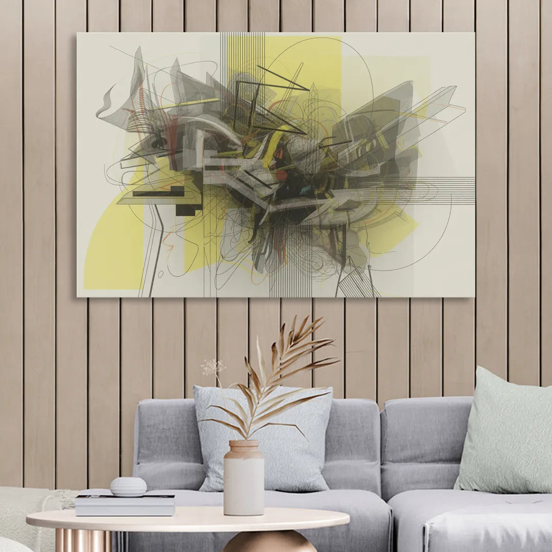 Intricate Layered Dance Yellow and Grey Abstract Sitting Room - Canvas Wall Art