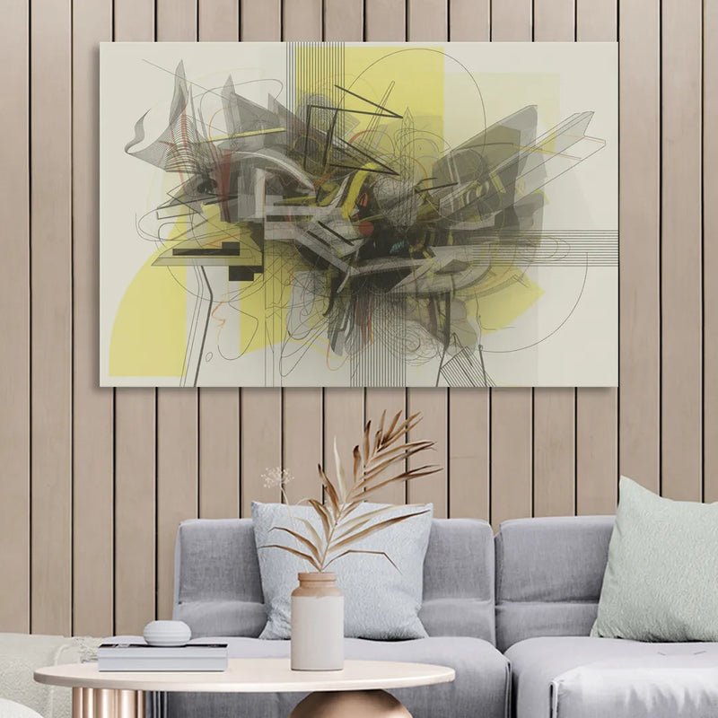 Intricate Layered Dance Yellow and Grey Abstract Sitting Room - Canvas Wall Art
