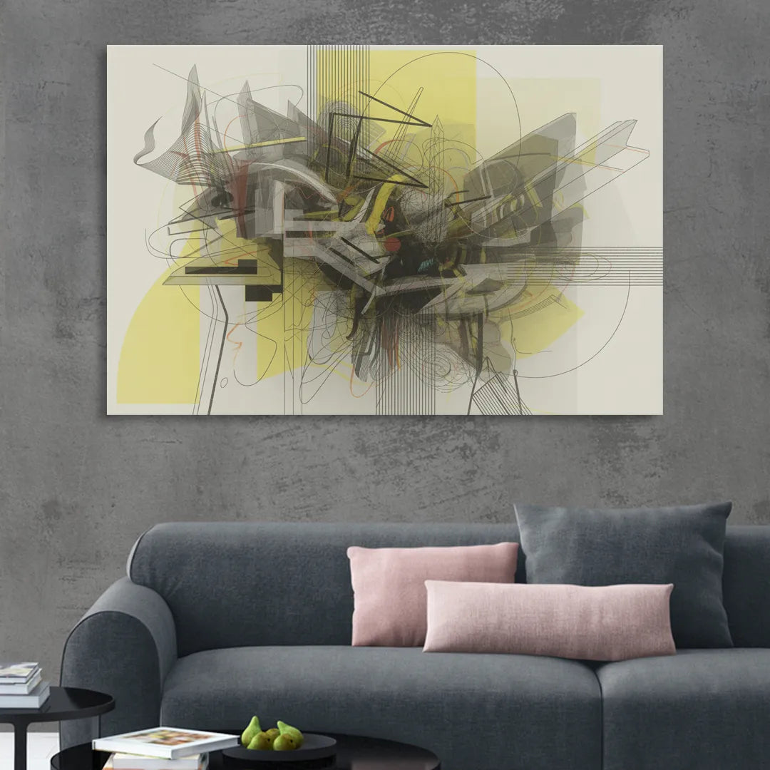 Intricate Layered Dance Yellow and Grey Abstract Living Room - Canvas Wall Art