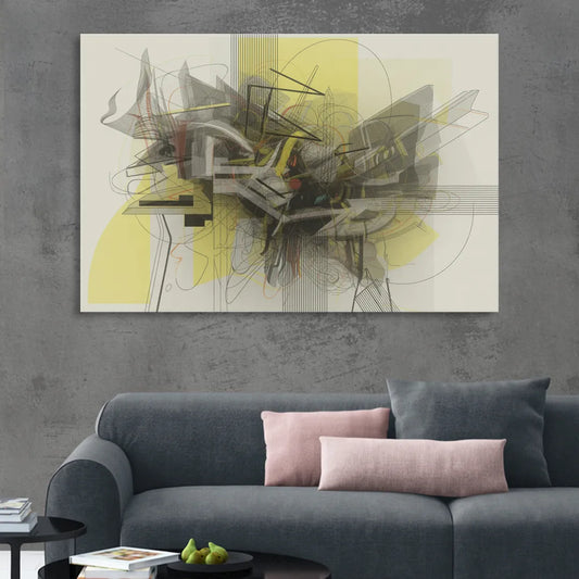 Intricate Layered Dance Yellow and Grey Abstract Living Room - Canvas Wall Art