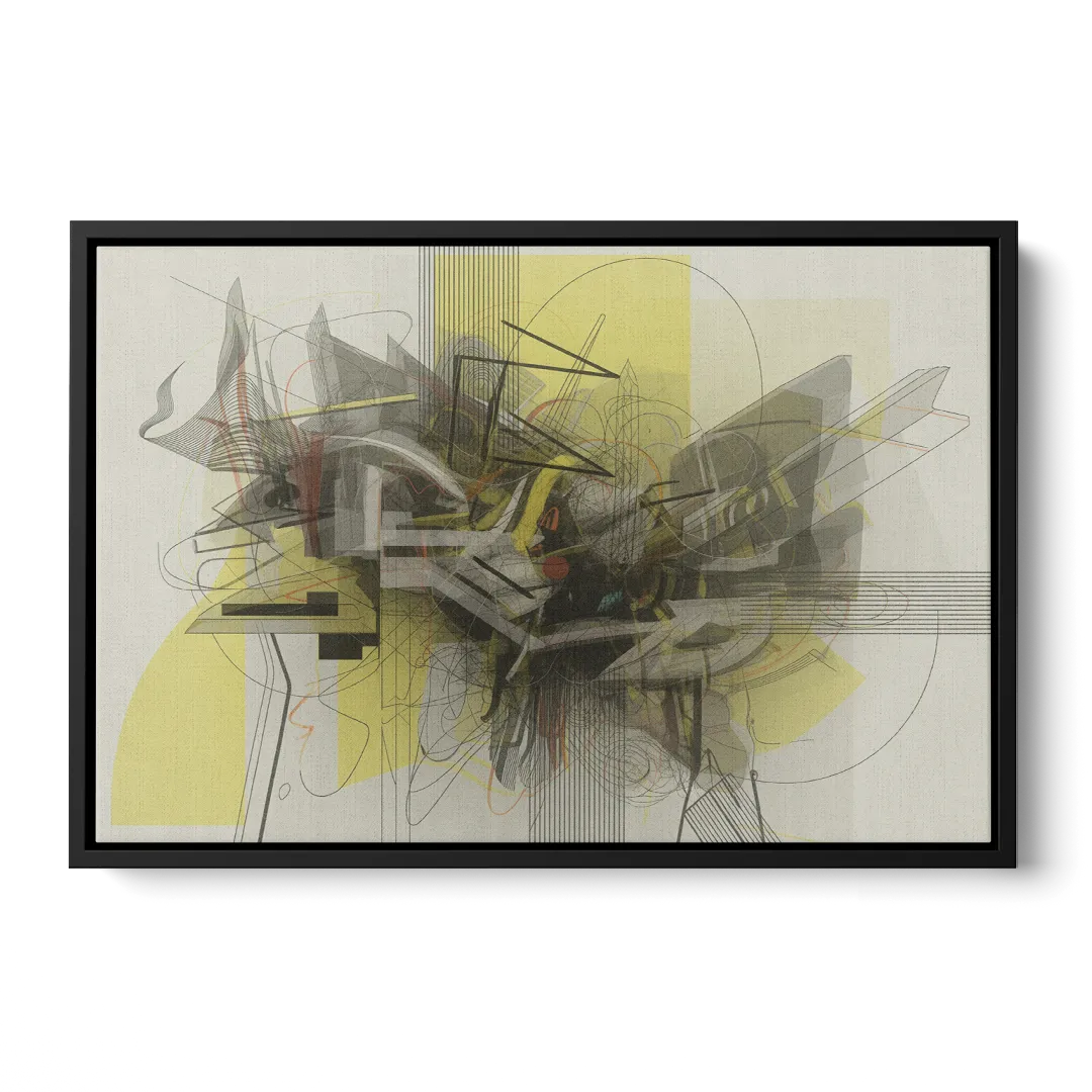 Intricate Layered Dance Yellow and Grey Abstract Front - Black Canvas Wall Art