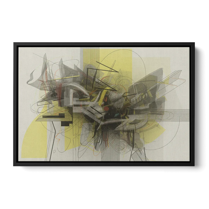 Intricate Layered Dance Yellow and Grey Abstract Front - Black Canvas Wall Art