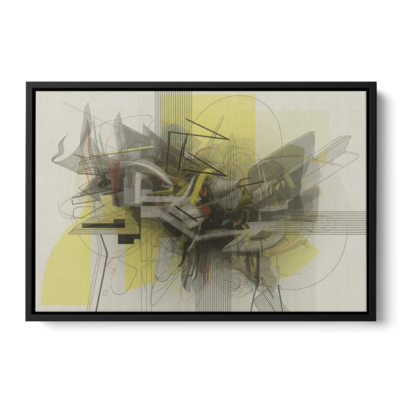 Intricate Layered Dance Yellow and Grey Abstract Front - Black Canvas Wall Art